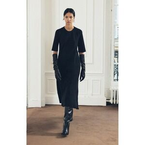 ZARA Black Midi Dress Short Sleeve Minimalist Chic Sheath Size S